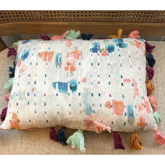 ANTHROPOLOGIE Decorative Pillow Multi-Colored Striped With Tassels - Picture 6 of 7